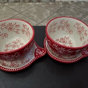 Red Floral Bowls with Matching Saucers